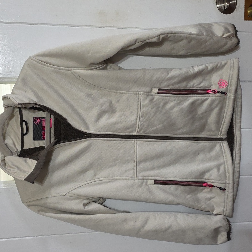 Game Winner Womens Jacket Tan/Brown Sherpa-like Lining Zips Pockets Sz S EUC